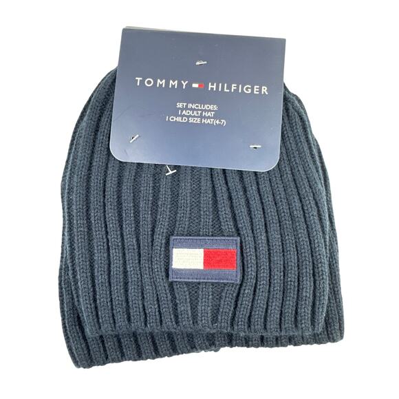 Tommy Hilfiger beanie set 1 adult 1 child size 4-7 new - Picture 1 of 4